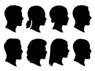 Female and male profile silhouettes set, people head side view