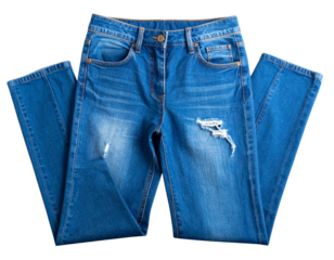  Folded Ripped Denim Jeans with Visible Frayed Holes and Soft Fading, Top-Down View, Isolated