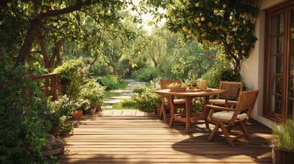 beautiful wooden terrace with garden furniture surrounded by greenery on a warm summer day no logos no brands ar 169