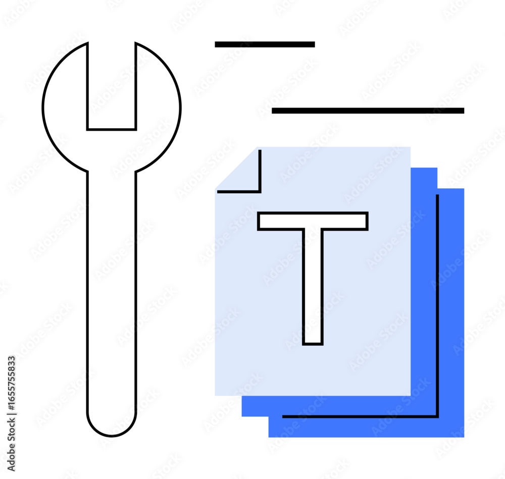 Poster simple wrench outline near overlapping documents with a t sign. represents repair, tools, text custo