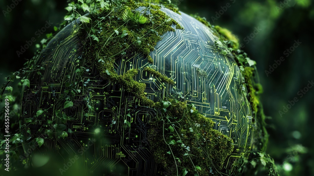 Poster earth wrapped in green vines turning into circuit a fusion of nature and technology, featuring a cir