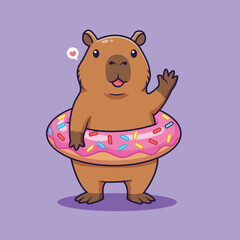 Cute Capybara with Donut Float Waving Hello. vector illustration