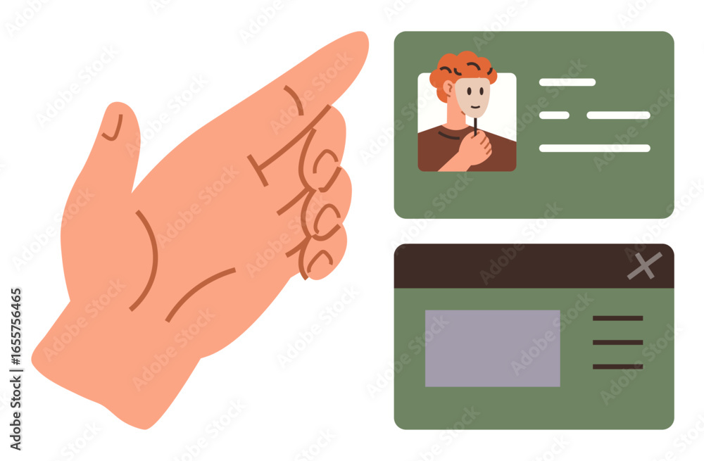 Poster hand gesture interacting with digital id interface featuring a profile photo, text, and data panes. 