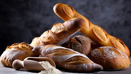 Dramatic still life of assorted artisan breads and baguettes with a wooden flour scoop on a dark textured background.