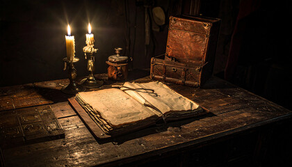 A Scholar's Secluded Desk: Ancient Tome and Chest by Candlelight