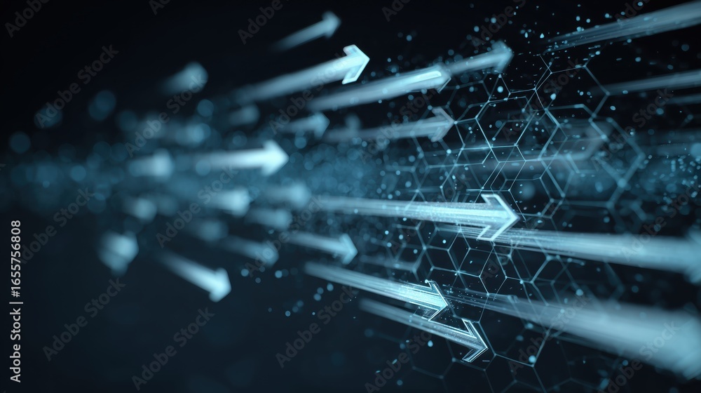 Poster futuristic arrows with digital dust abstract background. futuristic digital design featuring arrows 