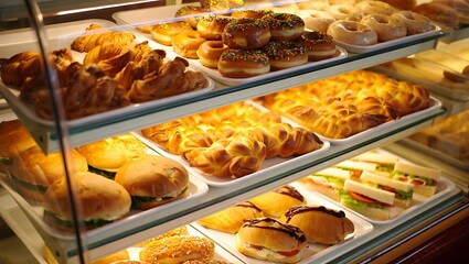An inviting bakery display case showcasing rows of glazed donuts, croissants, and fresh sandwiches under warm light