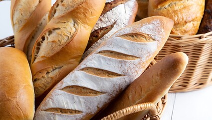 Rustic basket filled with assorted freshly baked artisan bread loaves including a flour-dusted baguette