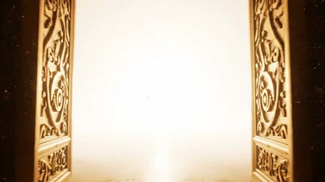 Golden Gate to Heaven Light - Ornate golden doors open to reveal a bright, heavenly light. A hazy glow emanates from the doorway, creating a mystical and ethereal atmosphere.