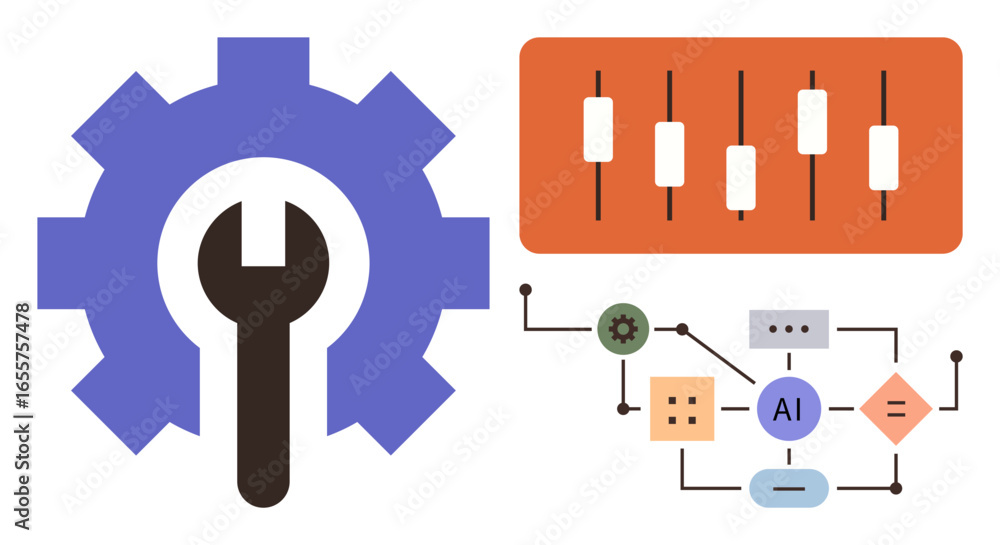 Poster gear with wrench, settings sliders, and ai workflow diagram highlight optimization, automation, and 