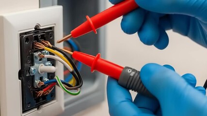 Close-up of an electrician testing wires in a wall socket with a multimeter in a modern home