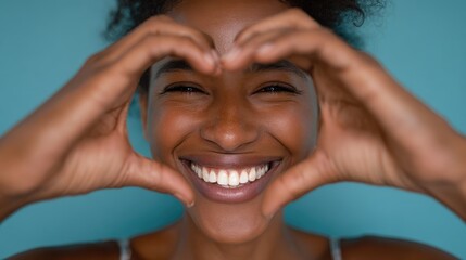 close up of hands of beautiful african woman making heart shape isolated against blue wall portrait of smiling middle aged black woman making heart gesture with hands around her big white smile no lo