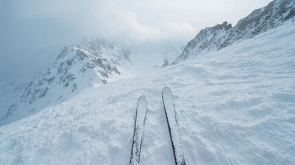 Rustic skis poised over a snow-blanketed precipice, winter solitude whispers, Alpine adventure beckons, perfect for Snow Moon celebrations
