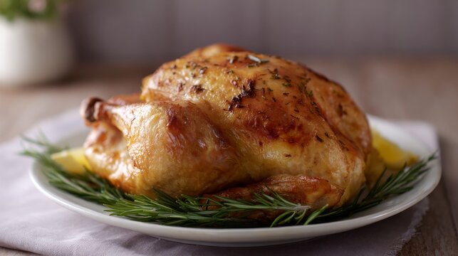 Golden roasted chicken perched elegantly on rosemary, evoking rustic Yule supper traditions, a feast of fragrant warmth