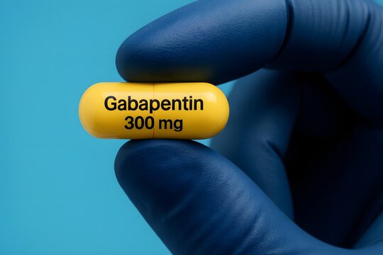High-resolution stock photo of a yellow Gabapentin 300mg capsule held between blue medical gloves, perfect for healthcare, pharmaceutical, neurology, and educational use.