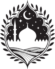 Ramadan Kareem Illustration A Silhouette of a Mosque at Night Surrounded by an Ornamental Frame with Crescent Moon and Stars