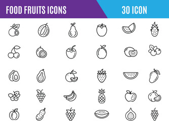 Fruits web line icons. banana,  mango, cherry, pineapple,  Collection of hand-drawn doodle fruits,  A Collection Of Fruits Vegetables Icons Collection .
