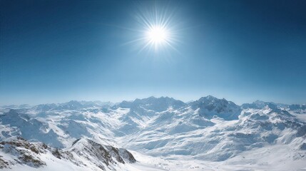 A dazzling sun caresses snow-kissed Alpine peaks, evoking winter solstice reverie and Yule-time alpine tranquility
