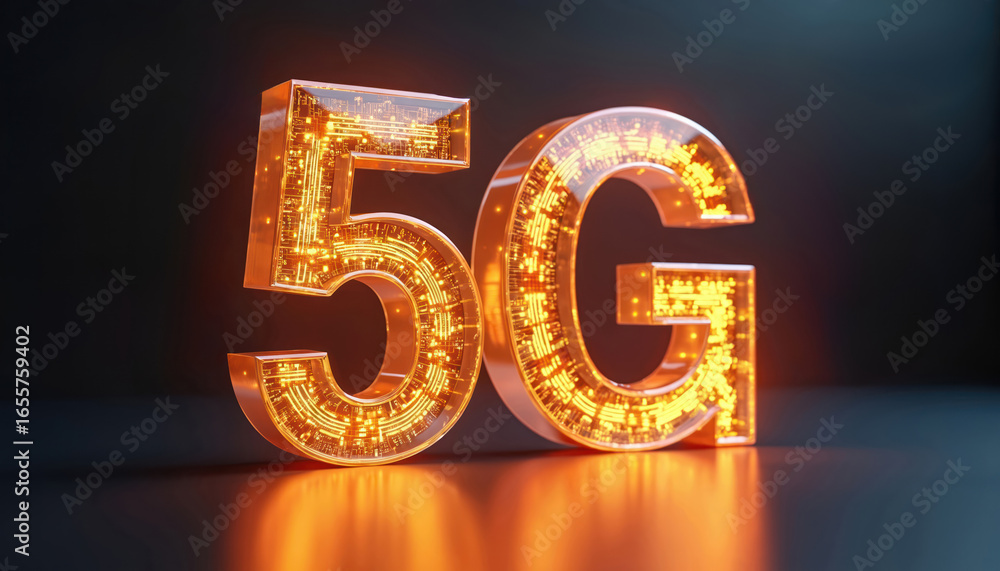 Aufkleber glowing 5g letters with intricate digital circuit patterns. orange translucent material illuminated 