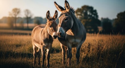 Fototapeta premium Two donkeys, one young, in a field at sunrise