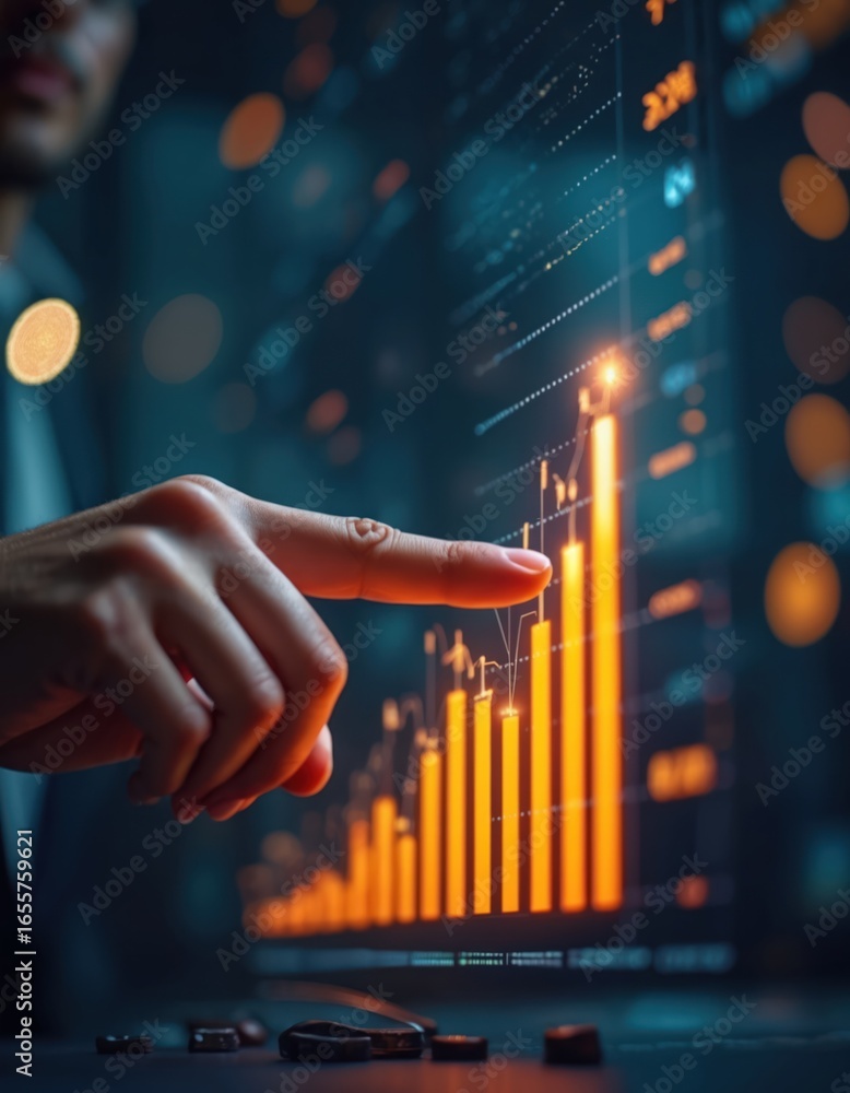 Poster closeup of person finger pointing at glowing digital bar chart showing financial growth and profit. 