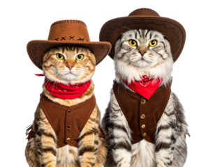 Playful Pair of Cats Dressed as Cowboys with Brown Vests and Hats, Friendship Theme, Isolated PNG
