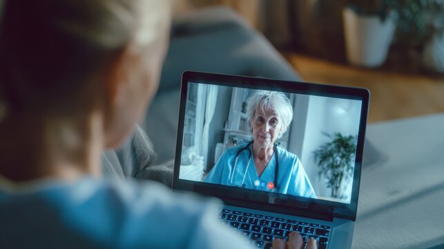 female doctor therapist consulting older senior patient via virtual video call visit using laptop computer digital online healthcare distance telemedicine telehealth videocall over shoulder view no l