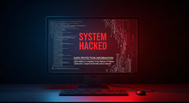 System hacked warnings alert cyber attacks on a computer network, viruses, Spyware, Malware, or Malicious software. Cyber security and cybercrime concept. Compromised information Internet.