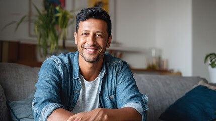 portrait of happy mid adult man sitting on sofa at home handsome latin man in casual relaxing on couch and smiling cheerful indian guy looking at camera  no logos no brands ar 169