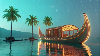 A Beautifully Lit Houseboat Glides Through Calm Waters Under a Starry Sky with Palm Trees Silhouetted Against the Horizon During the Festival of Onam