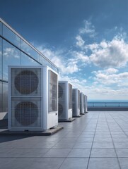 Fototapeta premium row of air conditioning units on rooftop with blue sky