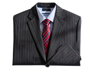 Formal Striped Suit with Red Tie, Folded and Laid Flat for Display, Isolated
