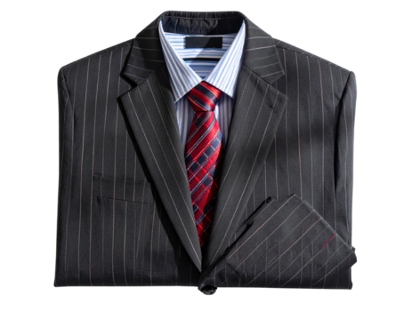 Formal Striped Suit with Red Tie, Folded and Laid Flat for Display, Isolated