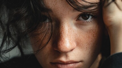 closeup sad young woman with worried stressed face expression obsessive compulsive adhd anxiety disorders no logos no brands ar 169