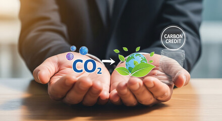 Carbon credits and CO₂ emission reduction concept with carbon market, professionals managing emissions toward sustainability goals