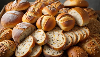 Abundant close-up display of assorted fresh baked artisan breads, including whole rolls and sliced seeded loaves.