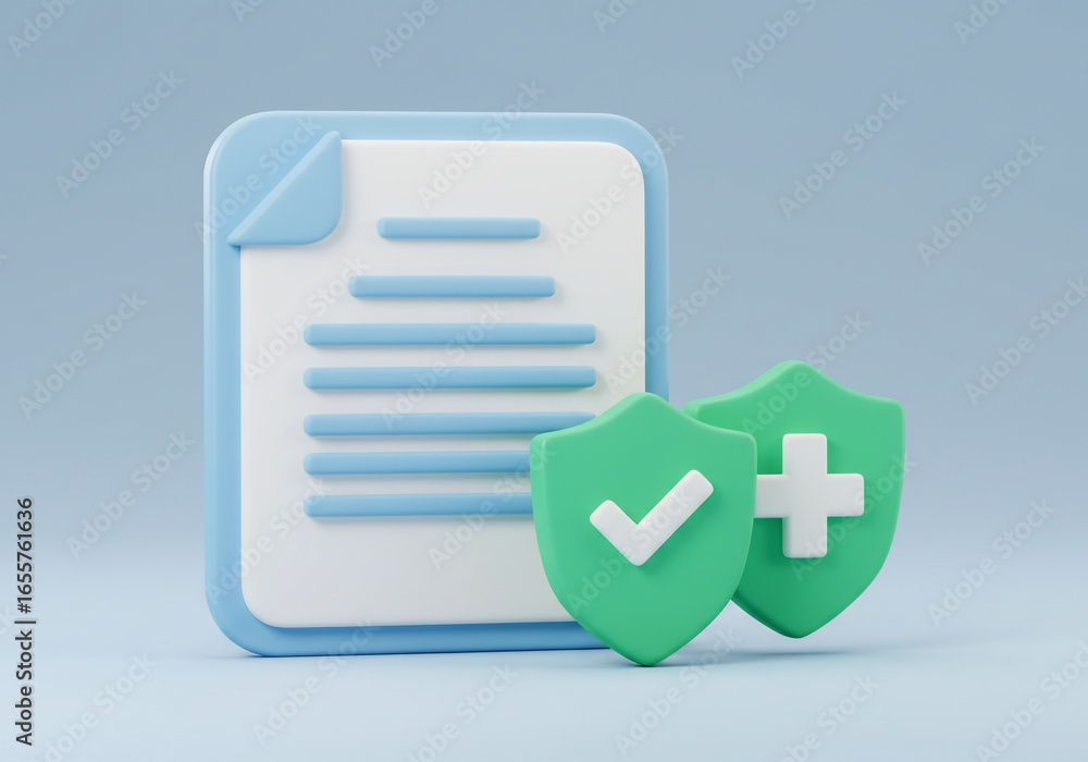 Aufkleber 3d render of a document with a checkmark shield and a medical plus sign shield, representing health 
