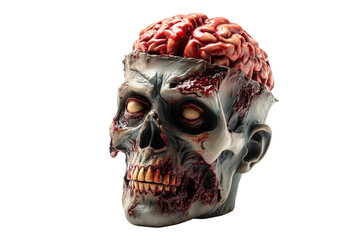 A Halloween zombie head with exposed brain, isolated on a transparent background.