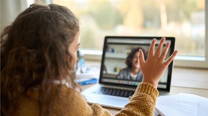 hispanic teen girl school college student distance learning waving hand studying with online teacher on laptop screen elearning zoom video call videoconference class with tutor over shoulder view no 