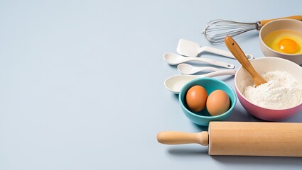 Fototapeta premium Fresh baking ingredients and kitchen tools including flour, eggs, and a rolling pin on a light blue background