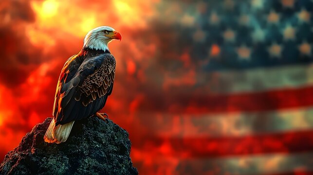 Bald eagle perched on a rocky outcrop with an American flag background at sunset - Powered by Adobe