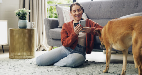 Credit card, online shopping or phone with dog and woman in living room of home for checkout. App, ecommerce or purchase with happy customer and pet in apartment for payment, transfer and transaction