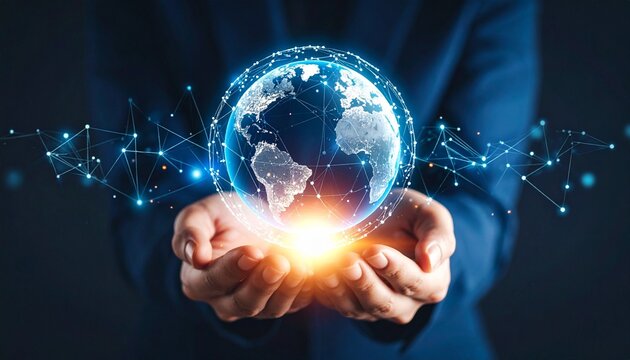 "Businessperson in suit holding a glowing digital Earth surrounded by network lines and nodes—symbolizing global connectivity, technological leadership, and strategic influence." - Powered by Adobe