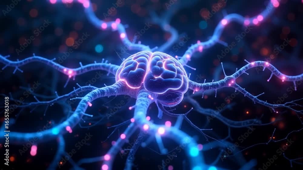 Poster dynamic neural network firing with vibrant blue and pink energy, representing thought and connection