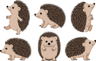 Cute cartoon hedgehog characters set, funny woodland animals, baby hedgehogs in different poses, kids clipart, kawaii forest animal illustrations © Hasem Creative