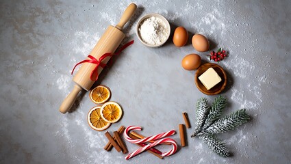 Festive Christmas Baking Essentials with Rolling Pin, Flour, Eggs, and Candy Canes Arranged on a Grey Background
