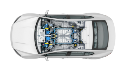 Hydrogen fuel generic car technical cutaway 3d rendering with all main details of HV system in ghost effect. 