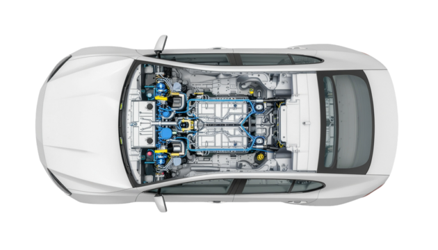 Hydrogen fuel generic car technical cutaway 3d rendering with all main details of HV system in ghost effect. 