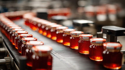 Glass jars of jam move along a conveyor in a food production workshop.