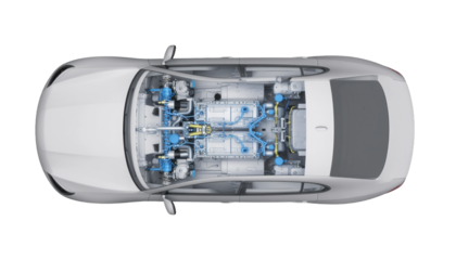 Hydrogen fuel generic car technical cutaway 3d rendering with all main details of HV system in ghost effect. 